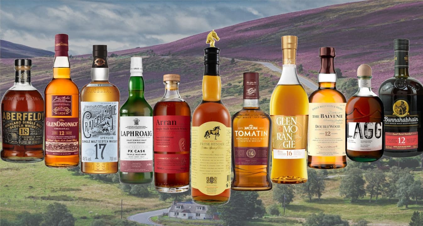 Whiskies with a fruity flavour in front of the scenery of the Scottish landscape.